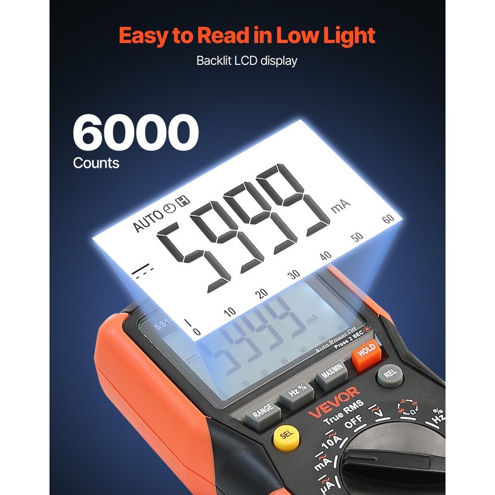 Digital Multimeter, 6000 Count TRMS DC/AC Voltmeter Current Tester, Autoranging for Current, Voltage, Resistance, Capacity, Temperature, Diodes, Continuity, Low Impedance Measurement