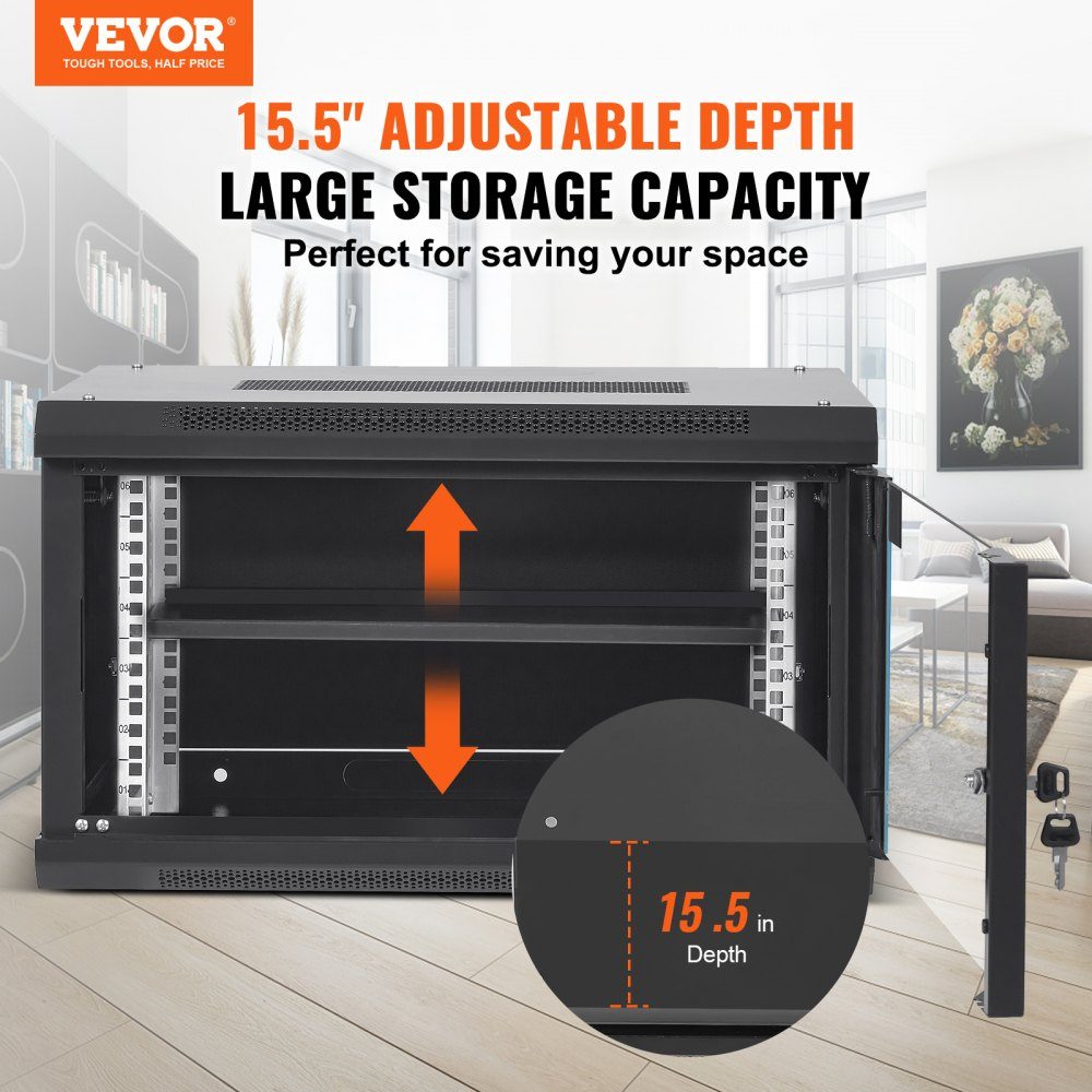 6U Wall Mount Network Server Cabinet, 15.5" Deep Server Rack Cabinet Enclosure, Max 200lbs, Floor Mount Load Capacity, with Lockable Glass Door Side Panels, for IT Equipment, A/V Equipment