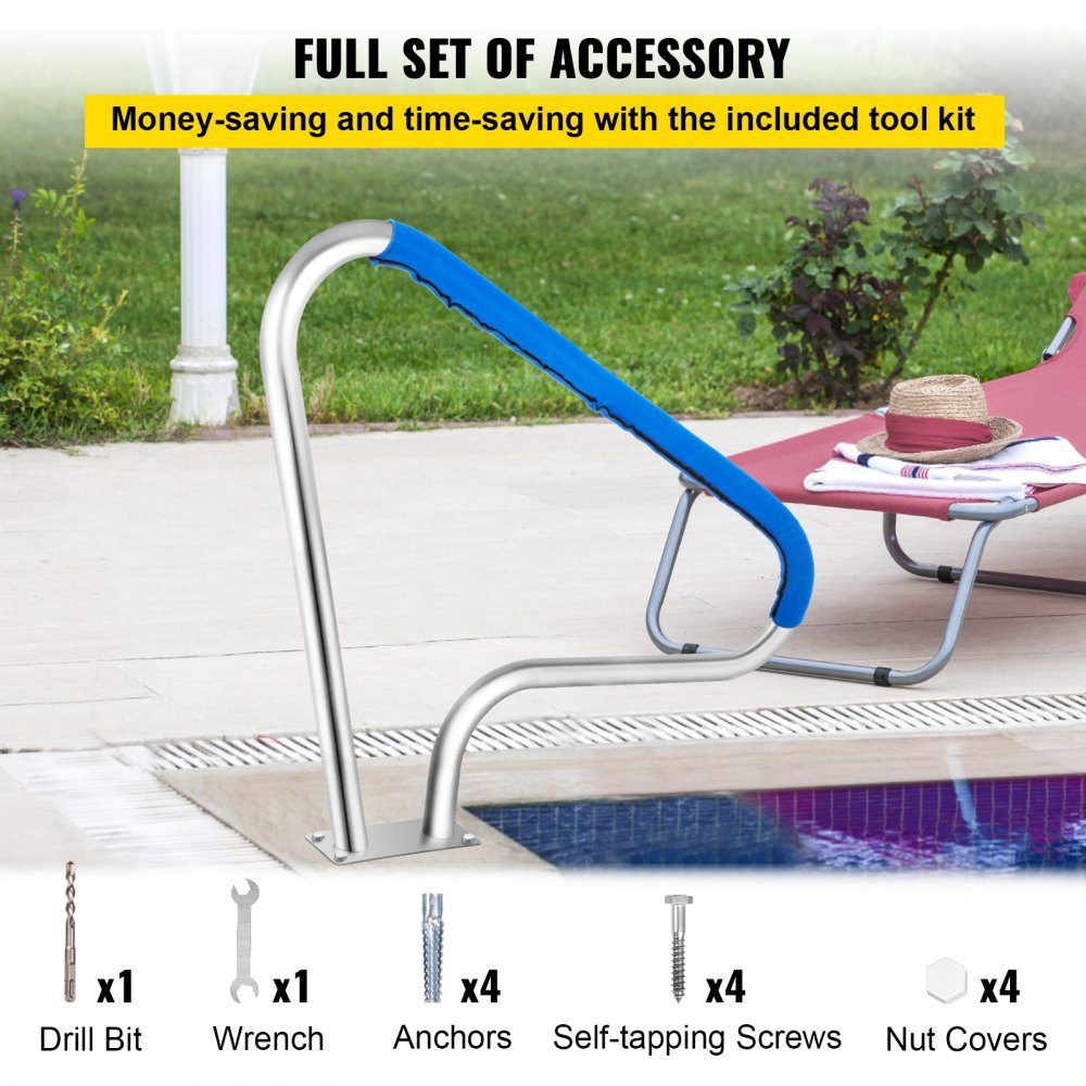 Schwimmbad-Handlauf 121,9 x 91,5 cm, Pool-Haltegriff 4,8 cm, Einstiegshilfe aus Edelstahl, Pool-Kurven-Design, Griffbogen mit Griffabdeckung und Zubehör, ideal für Schwimmbäder mit geneigter Position, Spa-Wasserpark