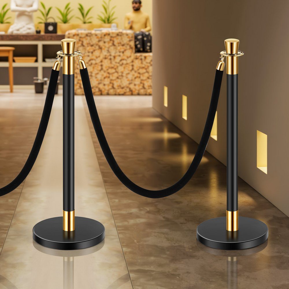 Barrier posts (6 pieces) for crowd control with 4 black velvet ropes (1.5 m long), stainless steel barrier stand with refillable base for exhibitions