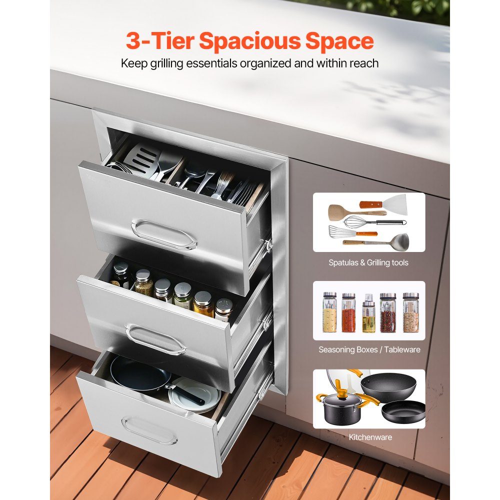 Buitenkeukenladen 16"B x 28,5"H x 20,5"D, roestvrijstalen verzonken grillladen met drievoudige toegang en handgreep, grilleilandladen voor buitenkeukens of terrasgrillstations