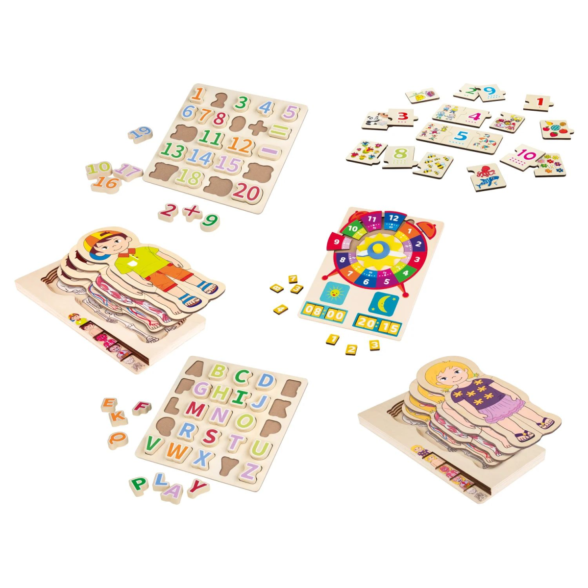 LUPILU® rekenkundig plug-in spel / letter plug-in spel / klokpuzzel / cijferpuzzel / lichaamspuzzel