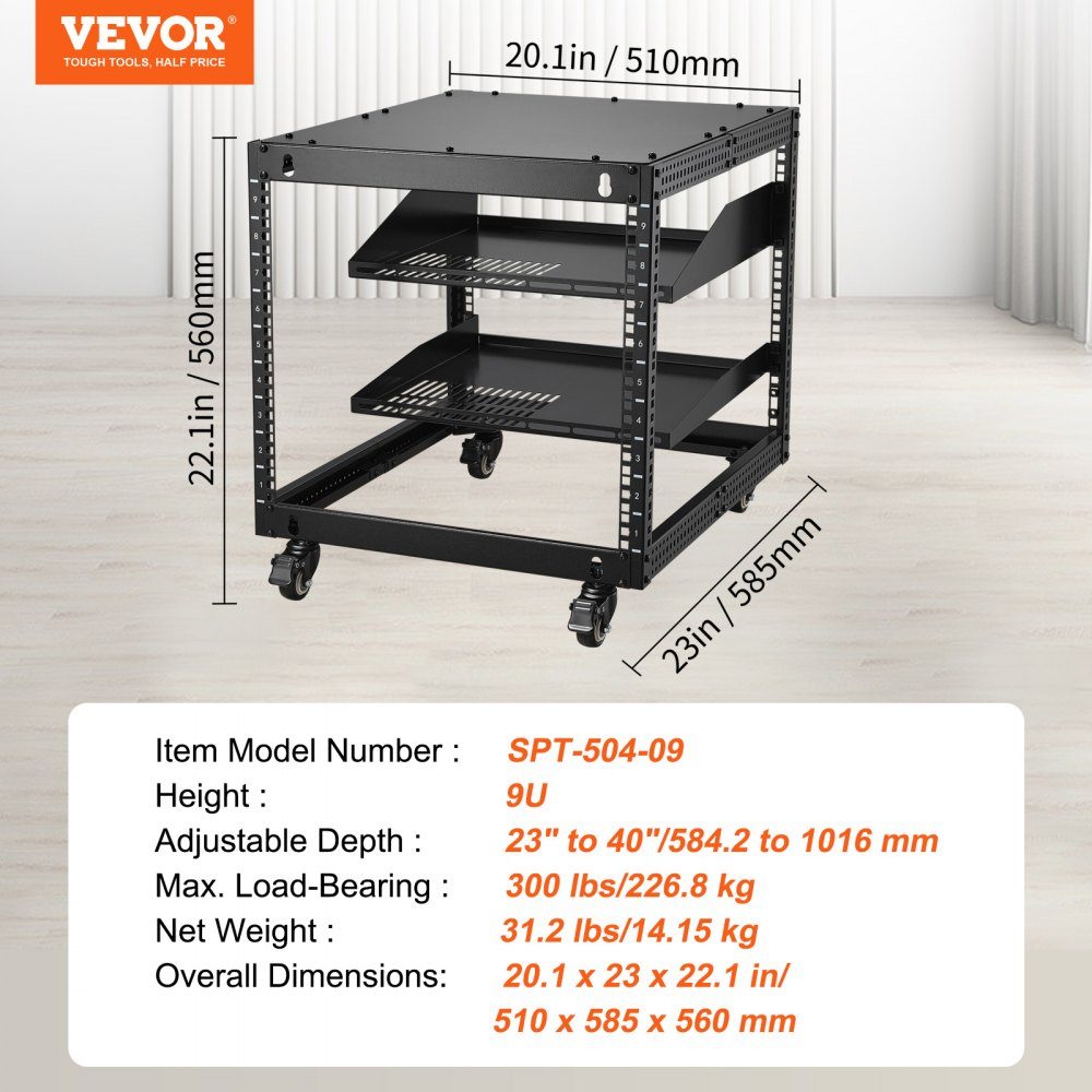 9U-Server-Rack mit offenem Rahmen, 23" bis 40" verstellbare Tiefe, freistehend oder an der Wand montiert, Netzwerk-Server-Rack mit 360°-Rädern, robuste 4-Pfosten-Halterung für alle Ihre Netzwerk-IT-Geräte, AV-Geräte und Router
