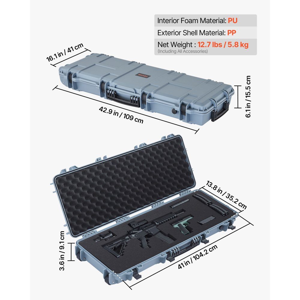 Waffenkoffer mit Hartschale für Langwaffen, abschließbarer Waffenkoffer mit vorgeschnittenem Schaumstoff, Langwaffenkoffer, Waffenaufbewahrung, rollbar, IP67 wasserdicht, 109 x 41 x 15,5 cm grau