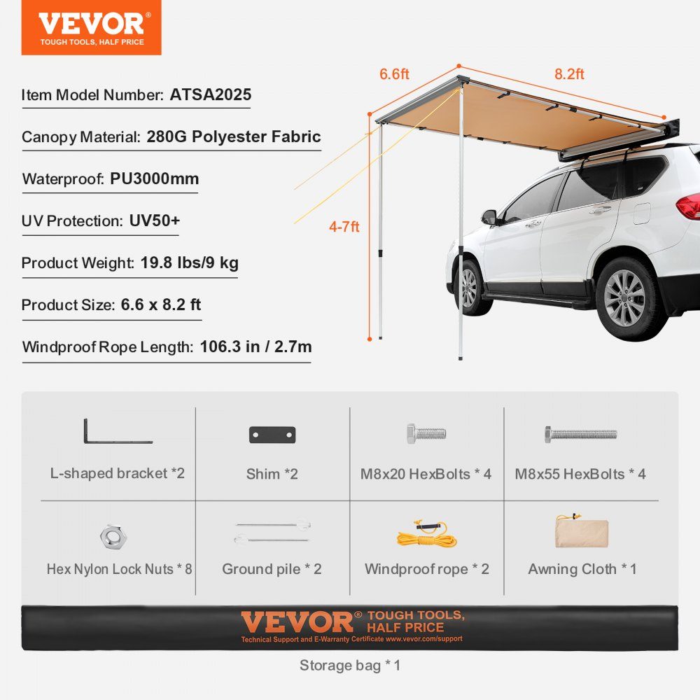 Fahrzeug-Markise, 2,01 x 2,5 m, Schattenabdeckung, Auto-Seitenmarkise, PU3000 mm, UV50+