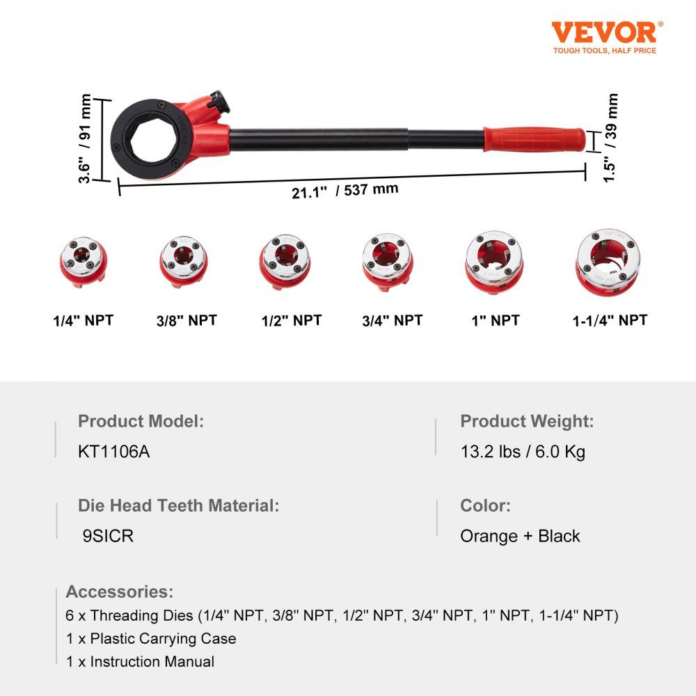 6 Pcs Set Threading Material Pipe Threading Set Standard Tap 1/4" NPT - 1-1/4" NPT in Case 9SICR Cutting Head Ideal for Construction, Plumbing Industry etc