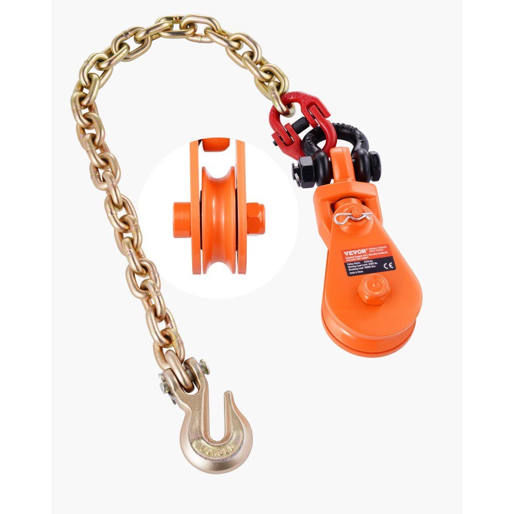 2 ton pulley with G80 chain, swivel shackle, 74mm pulley for 3/8" wire rope, forestry winch for towing and recovery applications on flatbed trailers and rollback tow trucks
