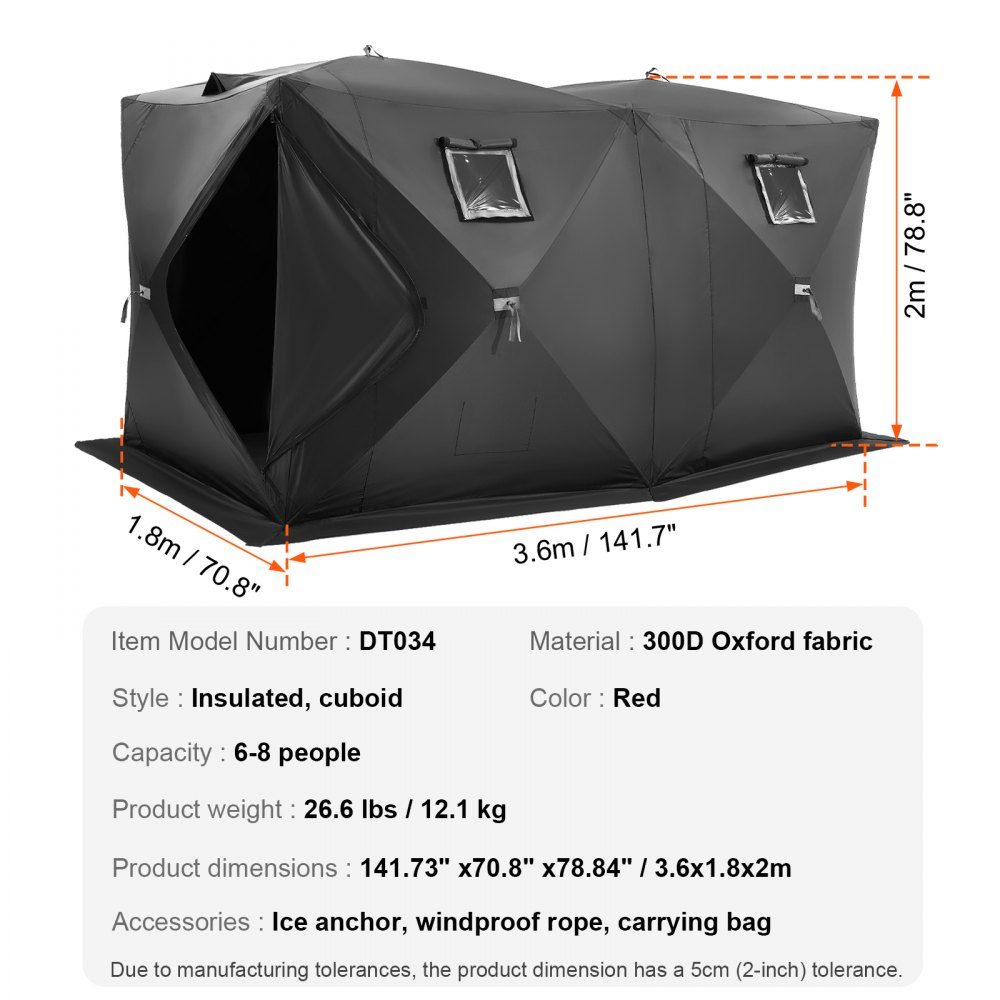 Portable Ice Fishing Tent, Pop Up Ice Fishing Tent for 6-8 People, 300D Oxford Fabric Fishing Tent, Fishing Umbrella, Ice Hut for Winter Fishing, Tent with Anchors/Rope/Carry Bag, 3.6x1.8x2m, Black