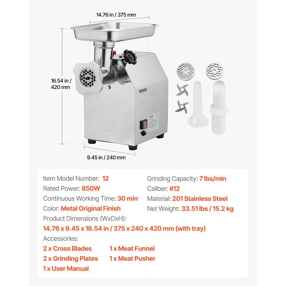 3.2kg/min Capacity Electric Meat Grinder, 850W Industrial Tabletop Meat Grinder with Blade and Grinding Plate, Sausage Machine, Stainless Steel Commercial Meat Grinder for Kitchen Restaurant