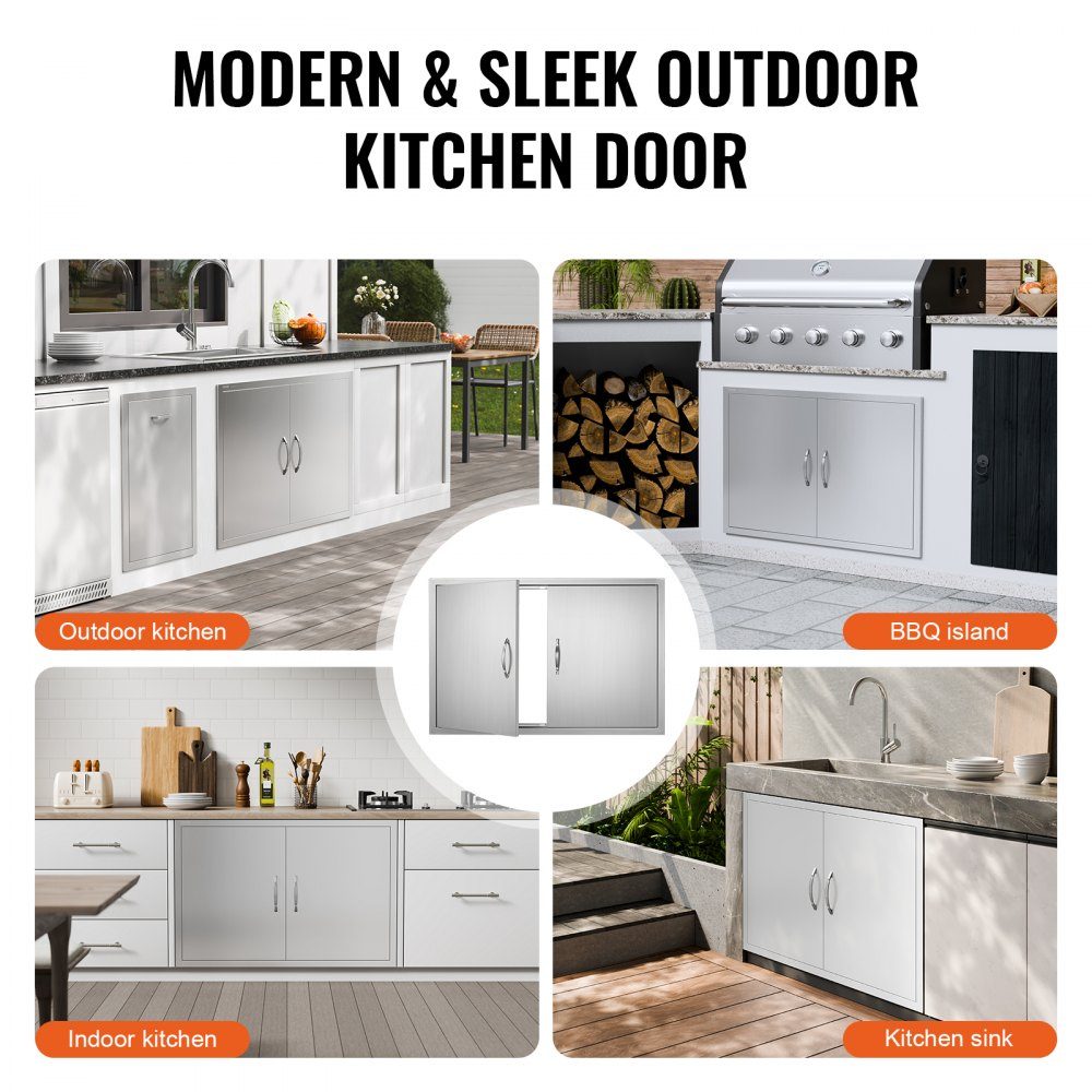 Grill Access Door 990x660mm Double Outdoor Kitchen Door Flush Mount Stainless Steel Door Vertical Wall Door with Handles and Hooks for Grill Island Grill Station Outdoor Cabinet