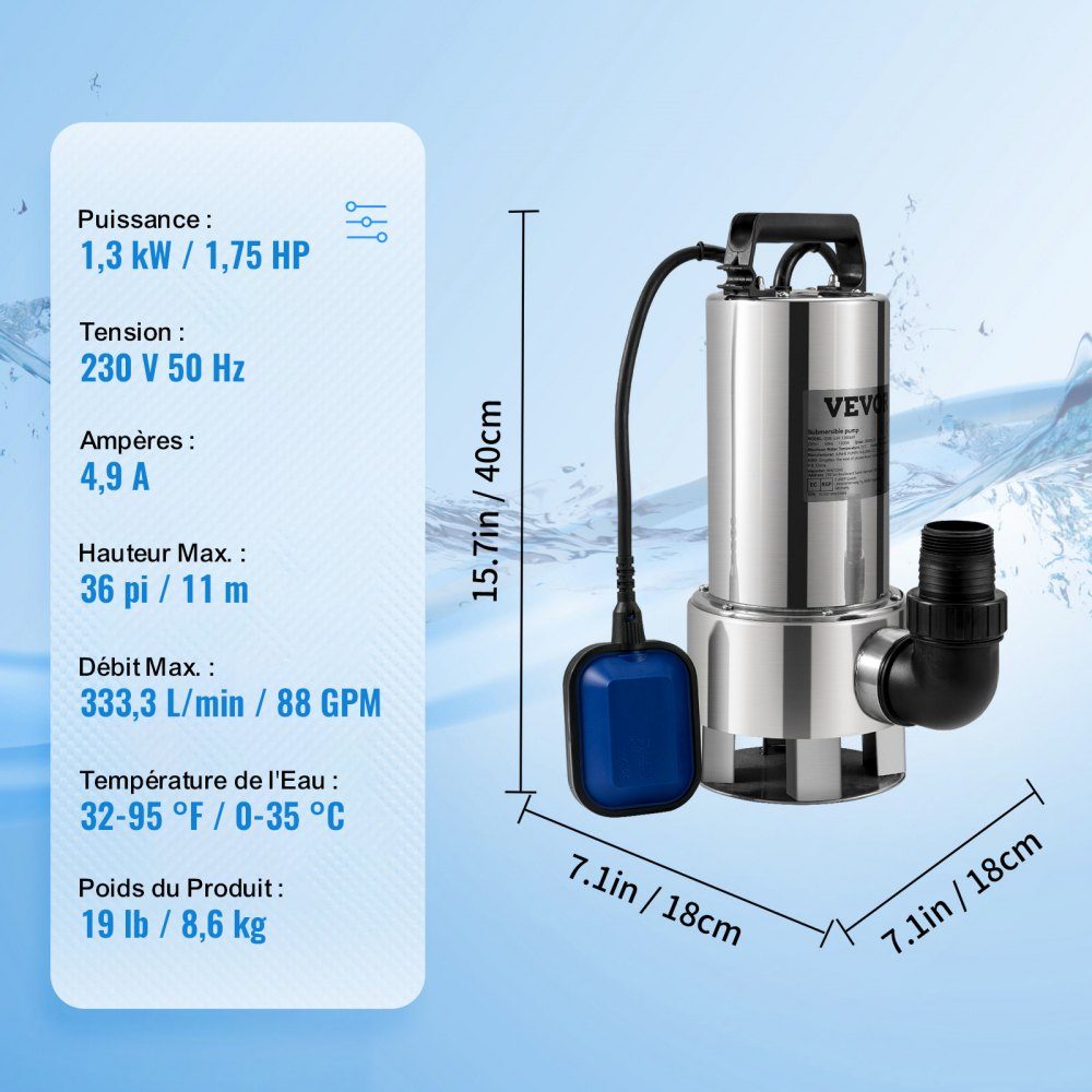 Pompe à eau submersible, 1300 W, 20000 l/h, avec câble de 10 m et interrupteur à flotteur automatique, en acier inoxydable et en fonte pour bassins de jardin, piscines, bains à remous sales ou propres et vides – Réf. HT-24527