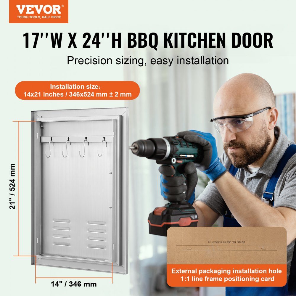 Grill Access Door 610x431mm Single Outdoor Kitchen Door Flush Mount Stainless Steel Door Vertical Wall Door with Handle, Vents and Hooks for Grill Island Grill Station