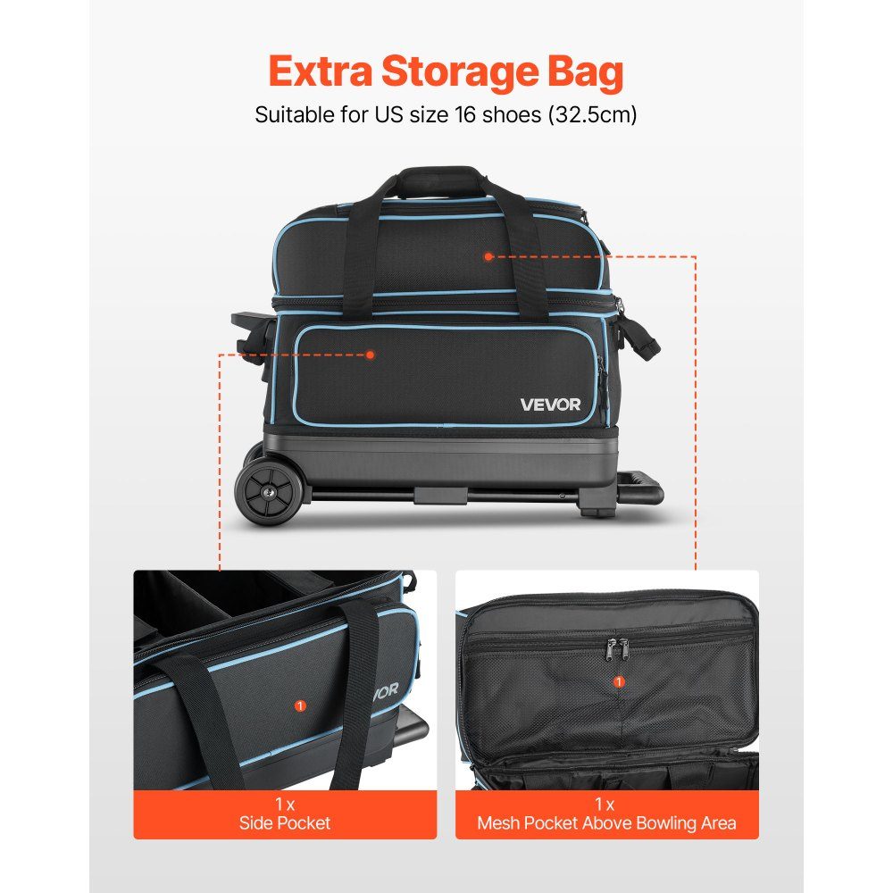 Bowlingballtasche für 3 Bälle mit Doppelrädern und separatem Fach für Schuhe (bis US-Größe 16) und übergroßer Zubehörtasche, ausziehbarer Griff, ausziehbar auf 105 cm, Schwarz + Blau