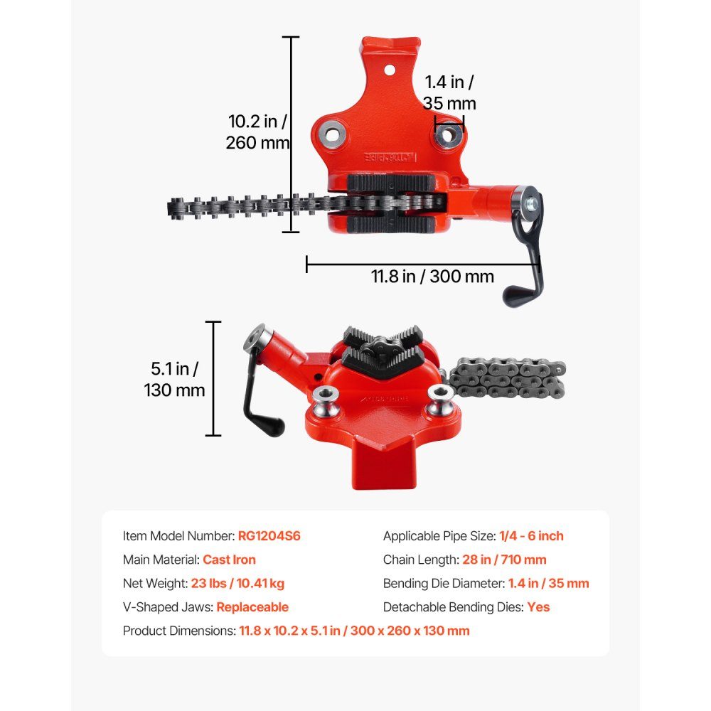 Kettingpijpschroef, 6,35-152,4 mm pijpcapaciteit, 710 mm zware ketting en gietijzeren basis, industriële kwaliteit pijpklemming voor loodgieterswerk, autoreparatie, metaalbewerking