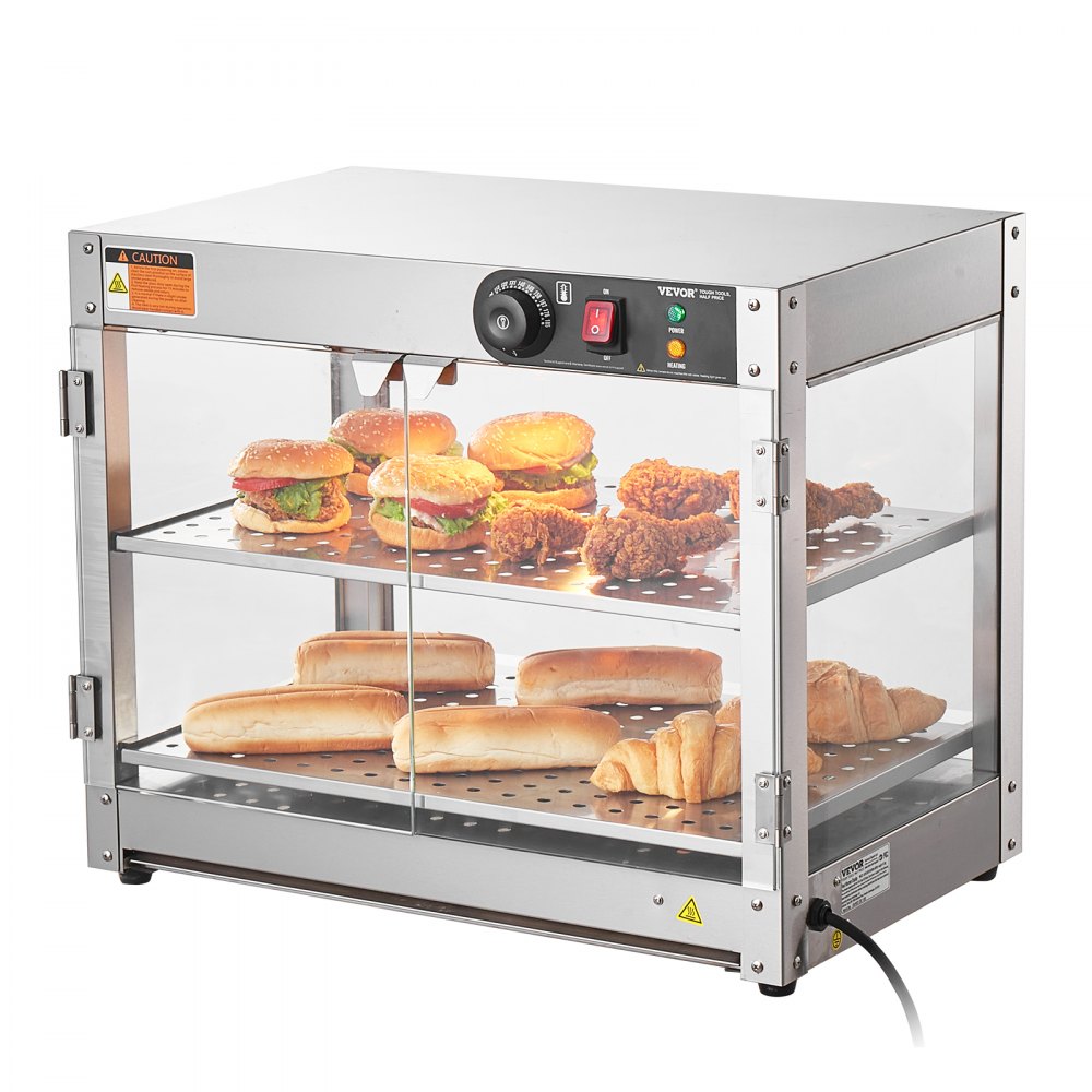 Chauffe-plats commercial à 2 étages, chauffe-plats 800 W avec lumière pour améliorer la présentation des aliments, contrôle de la température de 30 °C à 85 °C, grande capacité de 58 L pour hamburger, pizza, pain, poulet frit Chauffe-plats commercial à 2 étages, chauffe-plats 800 W avec lumière pour améliorer la présentation des aliments, contrôle de la température de 30 °C à 85 °C, grande capacité de 58 L pour hamburger, pizza, pain, poulet frit