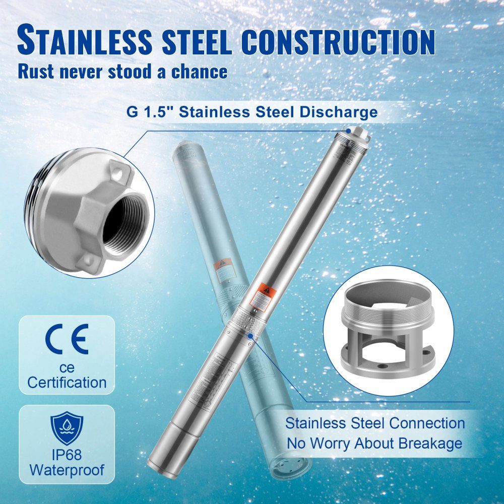 Pompe submersible pour puits profond 1500 W 230 V 60 Hz 9,8 m3/h Tête de 108 m avec câble de 19,4 m et boîtier de commande externe Pompes à eau en acier inoxydable pour l'irrigation industrielle à usage domestique IP68 étanche – Réf. HT-24542