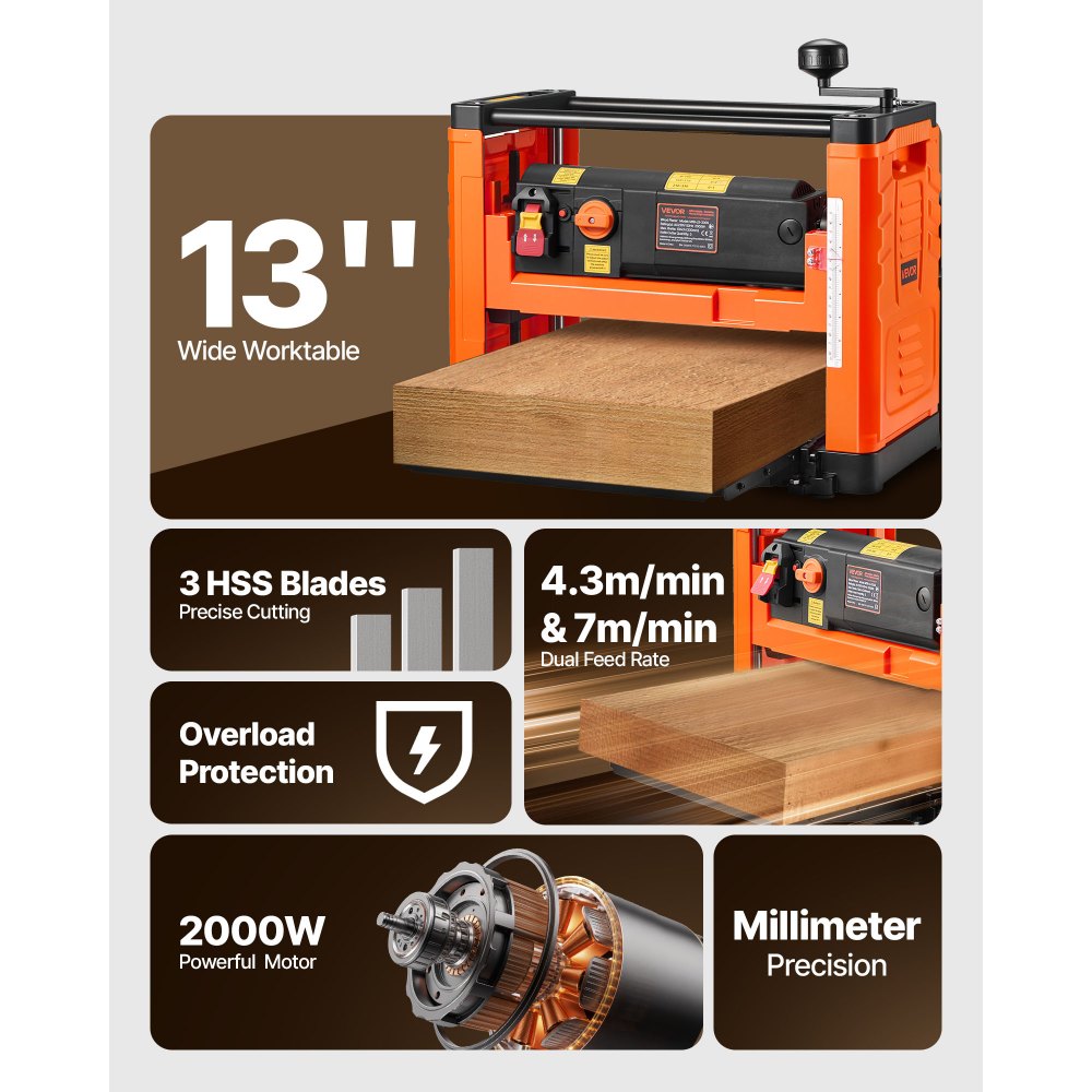 Dickenhobel, 2 Geschwindigkeiten, 330 mm breiter Arbeitstisch, Hobel, drei Klingen, 2000 W, 23500 U/min, leistungsstarker Motor, Doppelrollen, Überrollschutz, Holzbearbeitung für Hart- und Weichholz Dickenhobel, 2 Geschwindigkeiten, 330 mm breiter Arbeitstisch, Hobel, drei Klingen, 2000 W, 23500 U/min, leistungsstarker Motor, Doppelrollen, Überrollschutz, Holzbearbeitung für Hart- und Weichholz