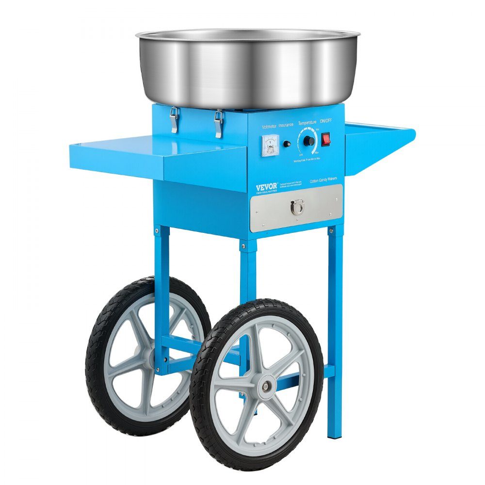 Machine à barbe à papa électrique, machine à barbe à papa commerciale avec chariot (1000 W), avec bol en acier inoxydable de 52 cm, cuillère à sucre et tiroir, parfaite pour les anniversaires d'enfants, les réunions de famille, bleu