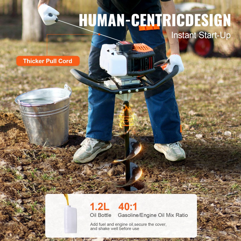 Erdbohrer mit Benzinmotor, 52 CC, 1450 W, Benzinbohrer mit 8-Zoll-Bits und 1 Verlängerungsstange, Pfostenzaunlochbohrer für Ackerland-Gartenpflanzen, Orange + Schwarz