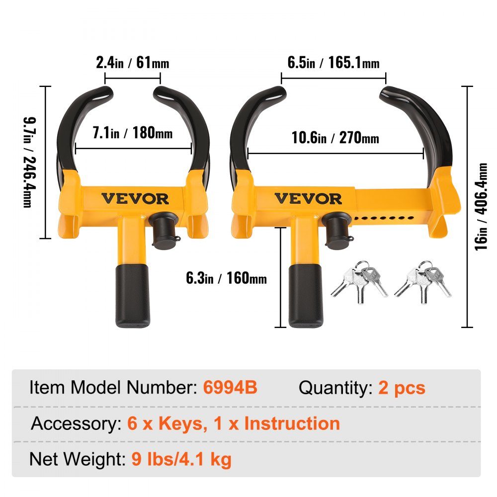 Lot de 2 griffes de stationnement antivol, 9 positions réglables avec 6 clés pour voiture, SUV, véhicule tout-terrain, remorque, griffe de pneu, antivol, pince de roue, blocage de roue, jaune