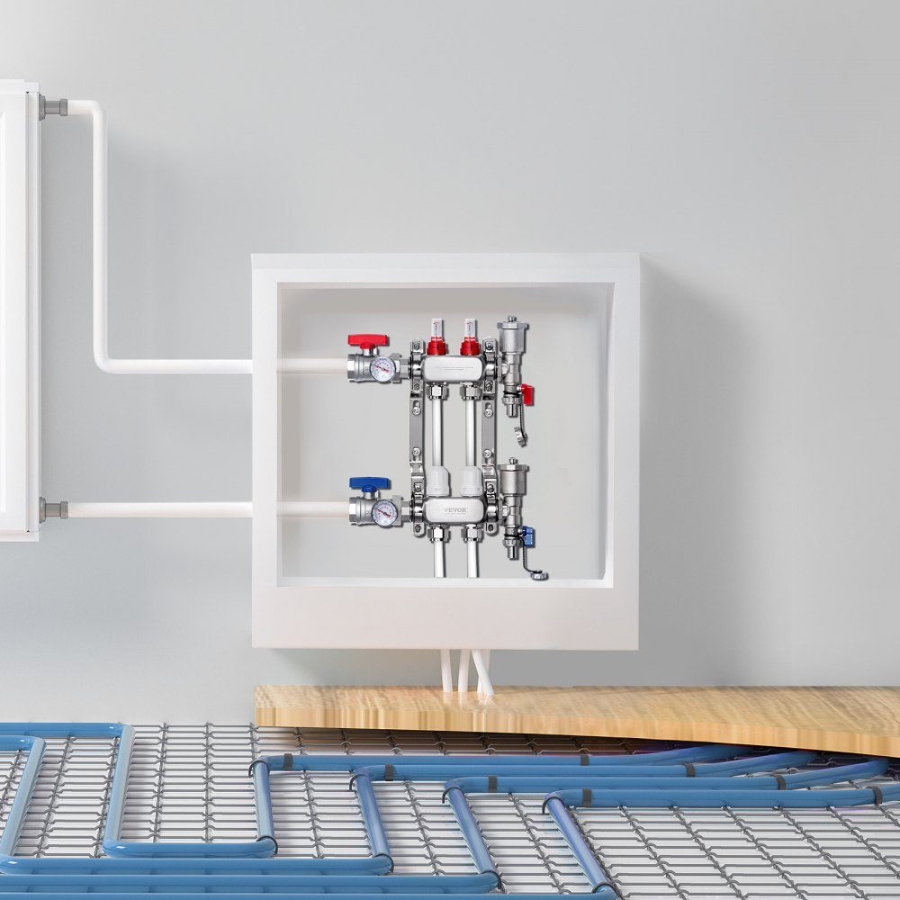 Wärmeverteiler mit 2 Zweigen, 1/2-Zoll-PEX-Rohrverteiler, PEX-Verteiler aus Edelstahl für hydronische Fußbodenheizung, Wärmeverteilungs-PEX-Verteiler-Kit mit 1/2-Zoll-Adaptern im Lieferumfang enthalten