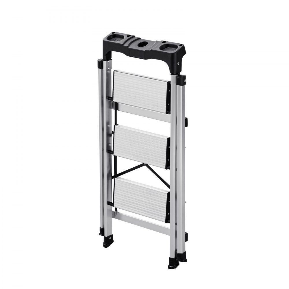 Trittleiter 3 Stufen, Klappleiter mit Anti-Rutsch-Stufen & komfortablem Griff, Haushaltsleiter Tragkraft 150 kg, Trittleiter aus Aluminium, Sicherheitsleiter für Küche, Lager, Haus & Büro