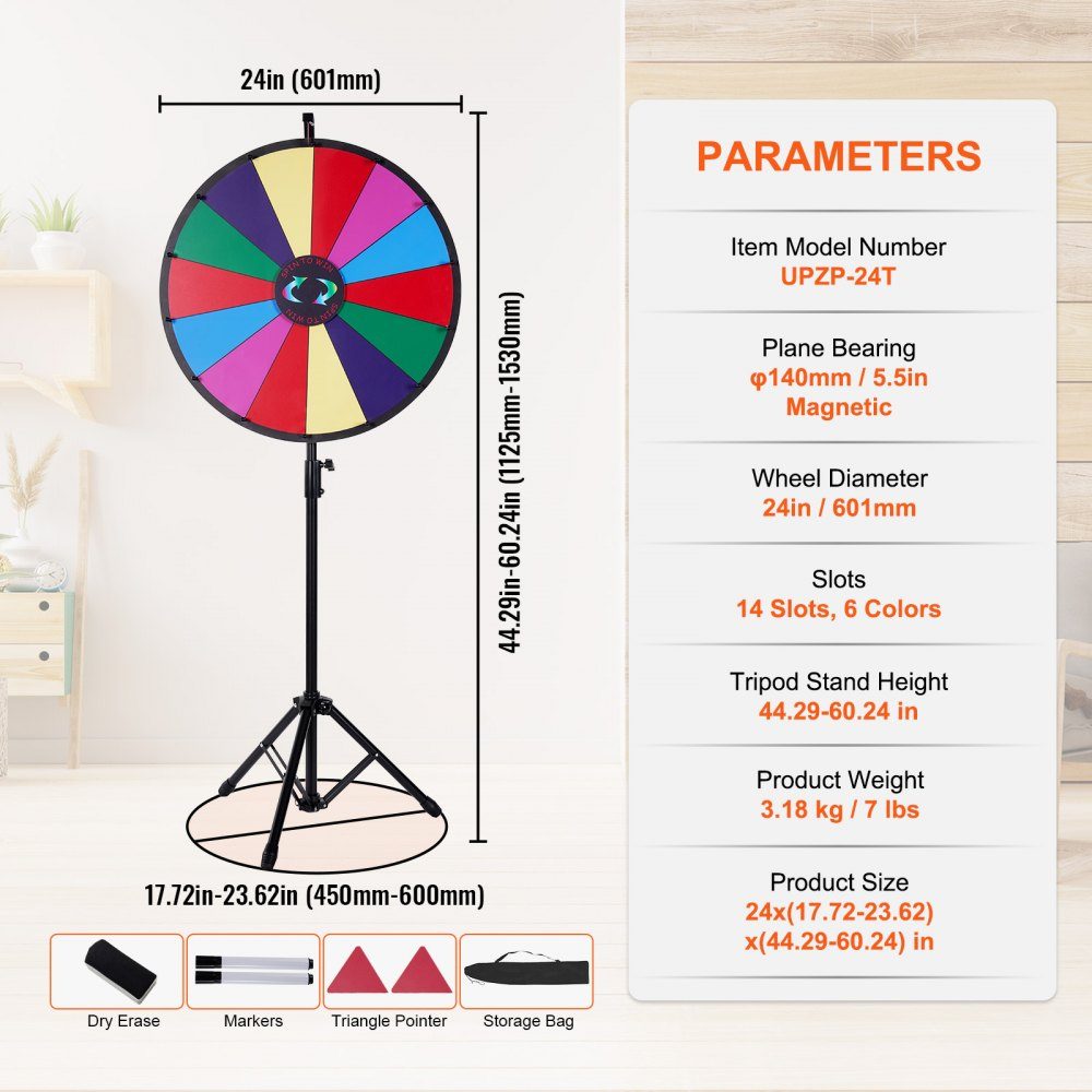 Roue de la Fortune (601 mm) avec 14 compartiments et support réglable en hauteur (1125-1530 mm) ainsi qu'une roue de roulette essuyable et un sac de rangement, une roue de prix rotative pour les fêtes, pubs, foires et foires