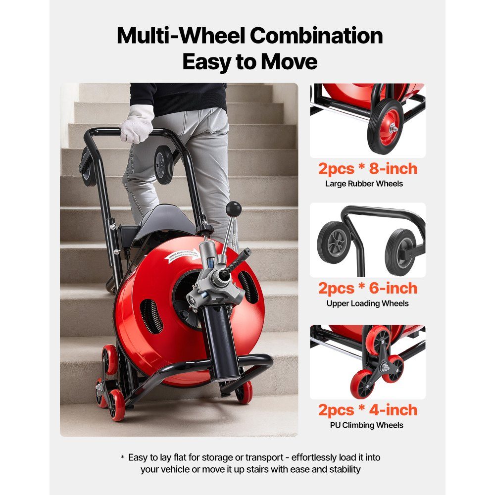 Rohrreinigungsmaschine φ19 mm x 30 m, Reinigungsspirale mit automatischem Vorschub, Mehrradkombination, 6 Schneidwerkzeuge & pneumatischer Fußschalter für Rohrdurchmesser von 100 bis 200 mm