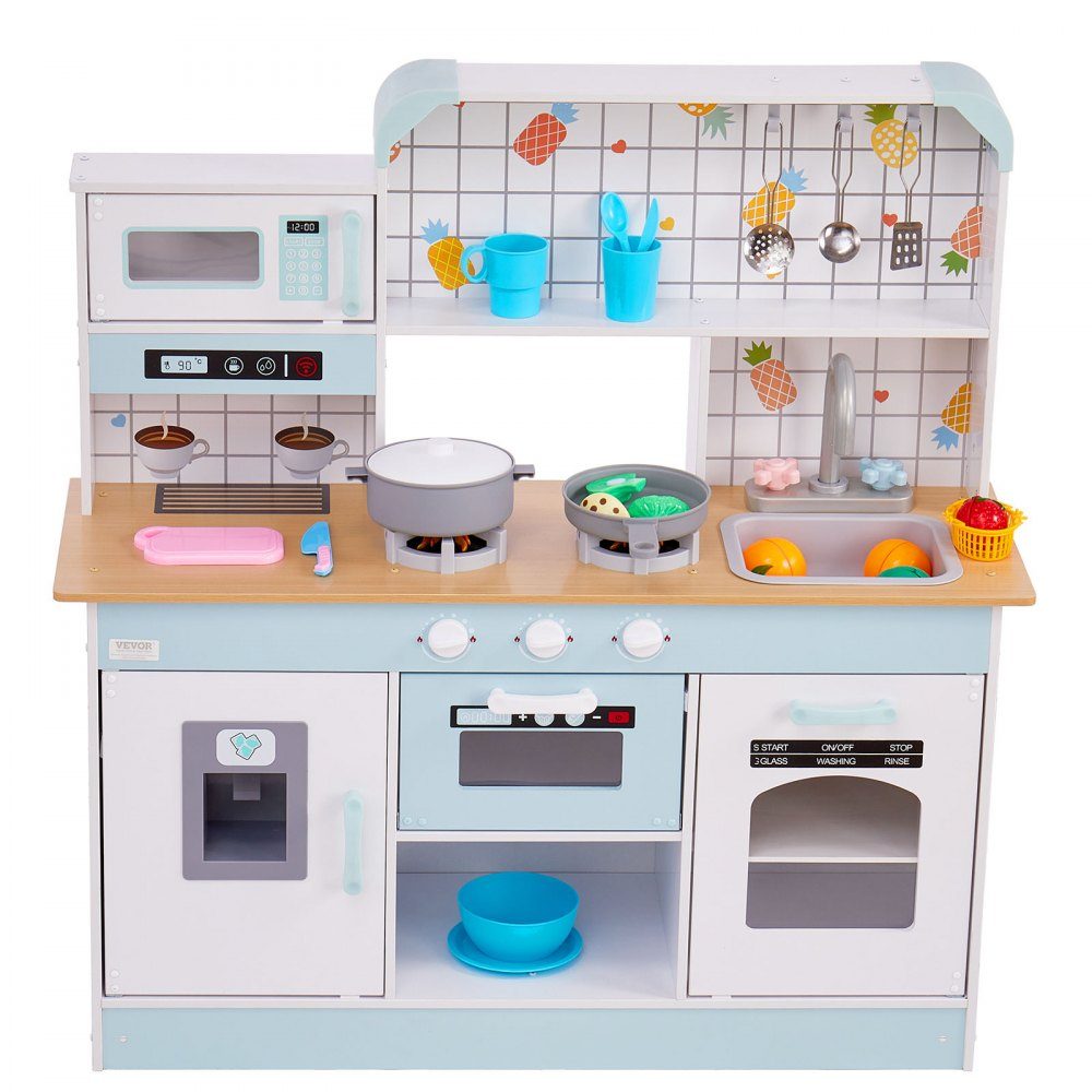 Play Kitchen for Kids, Wooden Toy Kitchen Set with Lights and Sounds, Toddler Kitchen with Ice Cream Maker, Oven, Sink, Microwave, Refrigerator and Utensils and Fruit Accessories for Toddlers Ages 3-8, White