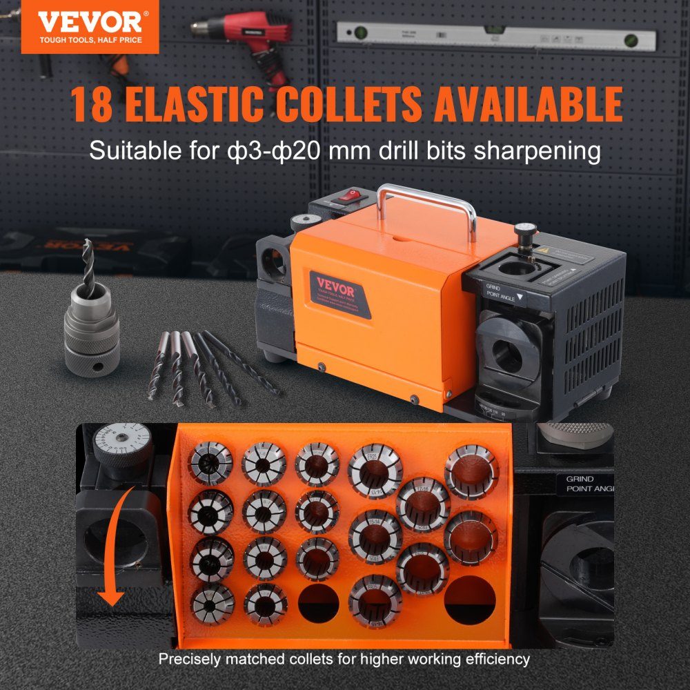 Drill Grinder 120W Drill Grinder 4500RPM Sharpening Station 45# Steel Drill Sharpener 95-135° Adjustable Tip Angle 18 Collet Chucks Suitable for Drill Diameter φ3-20mm