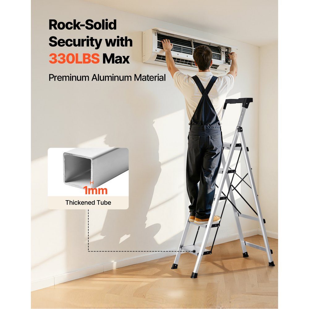 Step Ladder 5 Steps, Folding Ladder with Anti-Slip Steps & Comfortable Handle, Household Ladder Load Capacity 150kg, Aluminum Safety Ladder for Kitchen, Warehouse, Home & Office, Silver