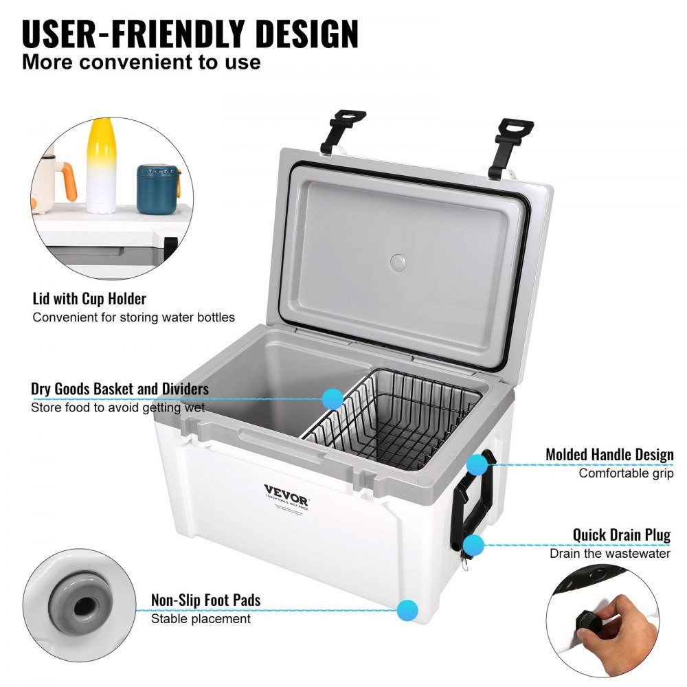 Glacière Passive Glacière 57,26 L, Glacière Isotherme Camping Thermo Box 45-50 Canettes, Réf. rigérateur Camping avec Panier, Glacière Isotherme Portable, Glacière Multifonctionnelle