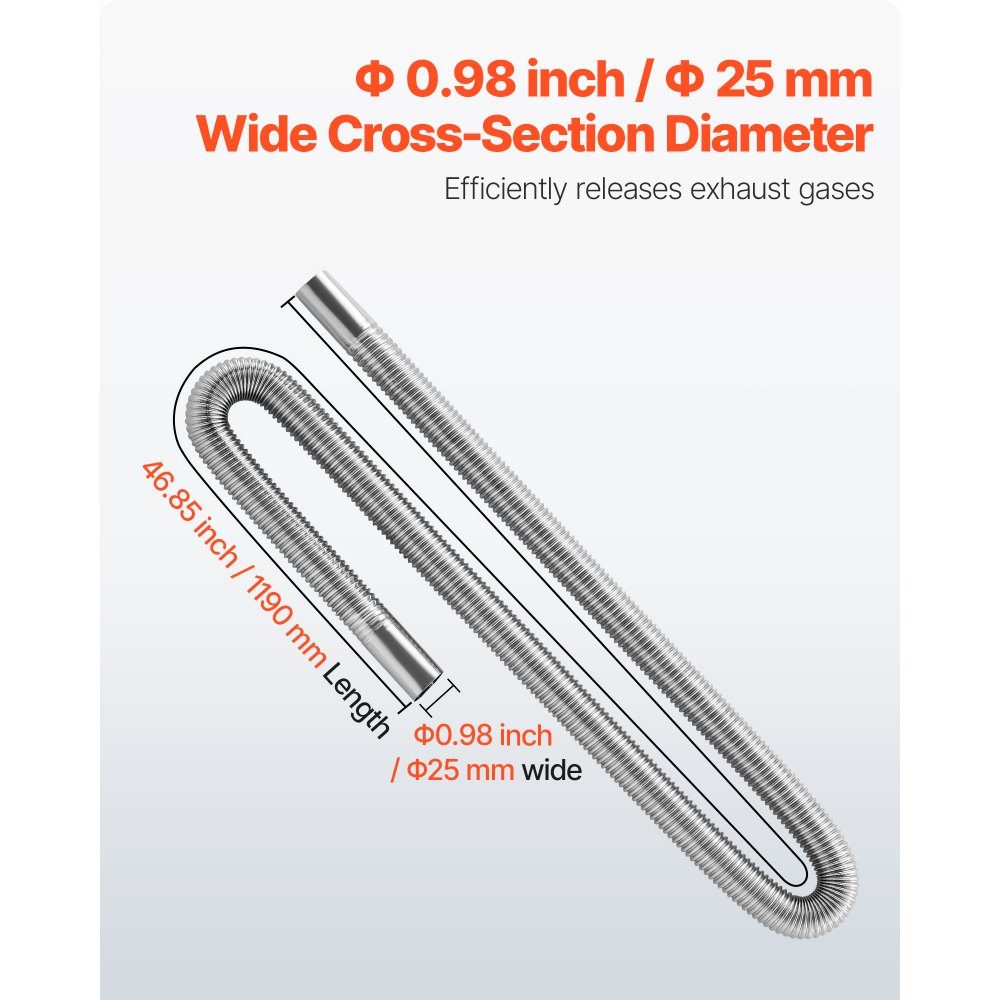 Exhaust pipe auxiliary heater Flexible exhaust hose 119 cm for car diesel heater with 2 clamps, stainless steel exhaust pipe with Φ 25 mm cross section for 2 kW / 5 kW / 8 kW diesel heaters air heaters
