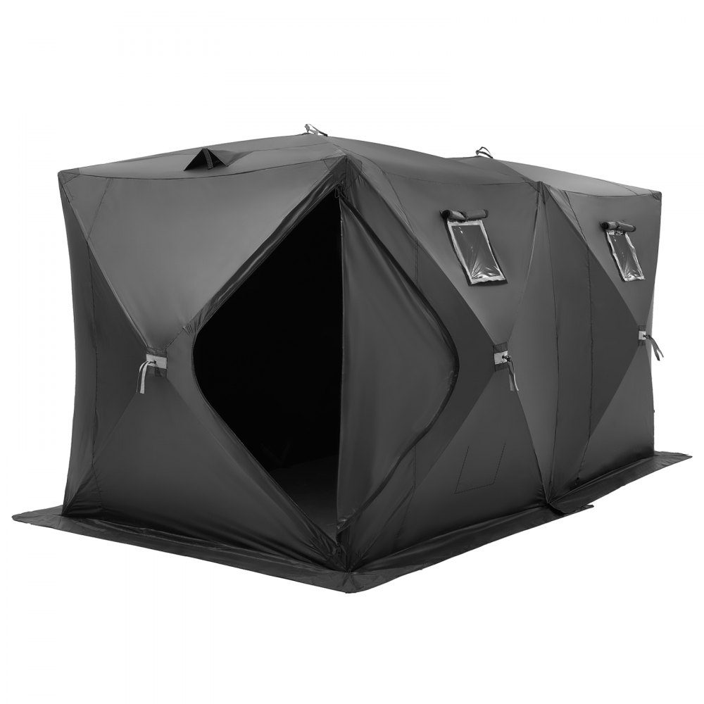 Portable Ice Fishing Tent, Pop Up Ice Fishing Tent for 6-8 People, 300D Oxford Fabric Fishing Tent, Fishing Umbrella, Ice Hut for Winter Fishing, Tent with Anchors/Rope/Carry Bag, 3.6x1.8x2m, Black