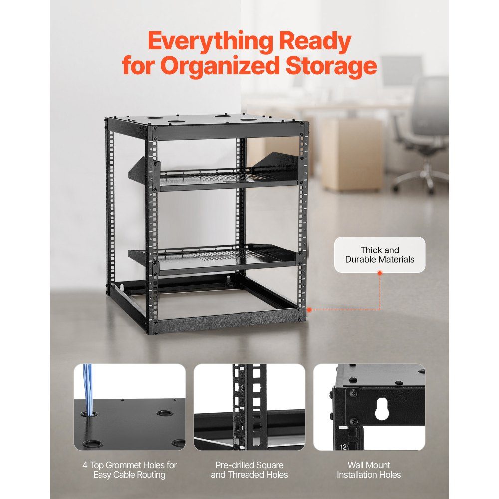 12U-Netzwerk-Rack mit offenem Rahmen, 585 mm Tiefe, Wandmontage- oder Stand-Server-Rack, 4-Pfosten-Konstruktion, mit belüfteten Regalen und Montagezubehör, für Netzwerk-IT-Geräte und AV-Geräte