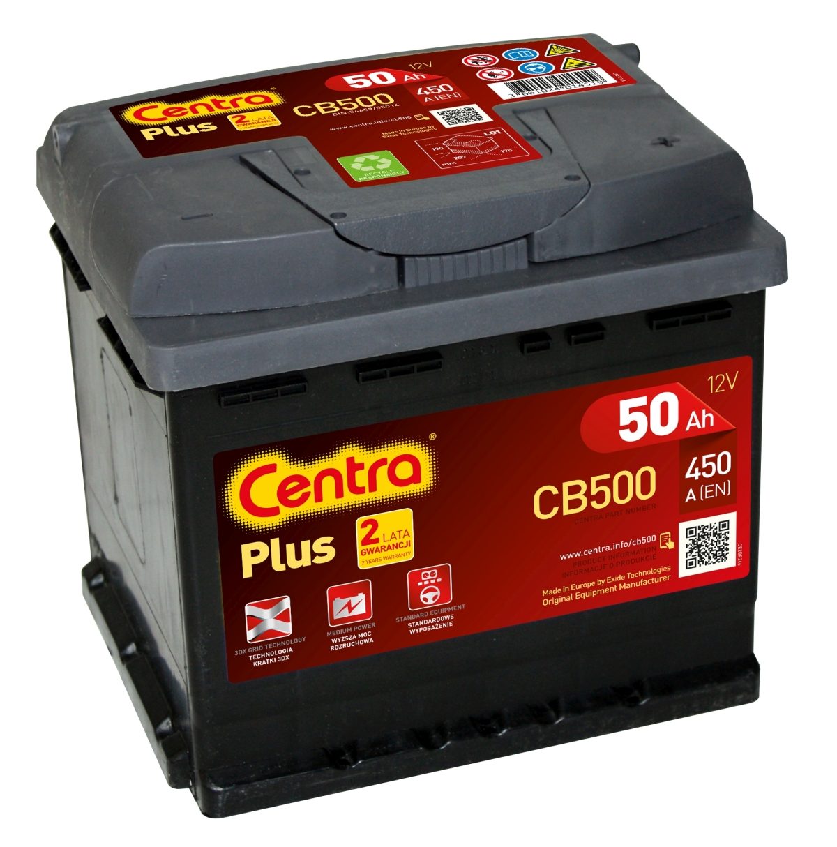 CENTRA PLUS CB500 50AH 450A P+ – Part No. HT-47190