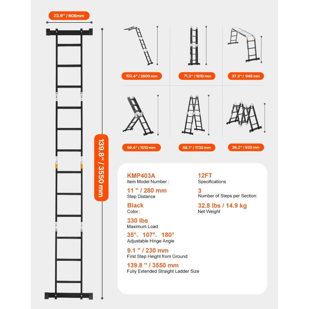 Multipurpose Ladder, 7 in 1 Multifunctional Ladder, A-Frame with 3 Steps and Scaffolding Board, Telescopic Ladder, Ladder Scaffold 3550mm, Heavy Duty Ladder, 150kg Load Capacity, for Home Outdoor Use