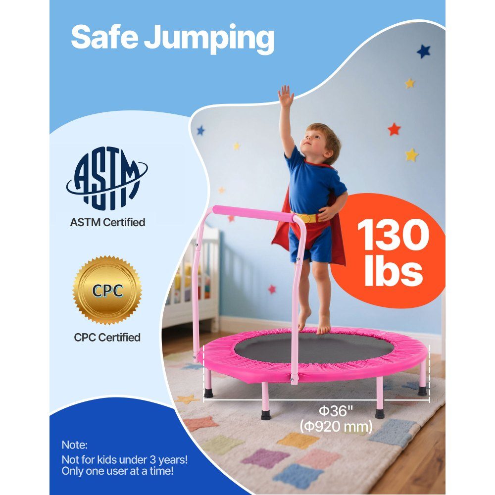 Trampolina dla dzieci, trampolina zewnętrzna, składana trampolina 36 cali z uchwytem, ​​trampolina do odbijania, trampolina ogrodowa dla małych dzieci, prezent urodzinowy dla dzieci w wieku 3 lat i starszych, nośność 100 kg, różowy