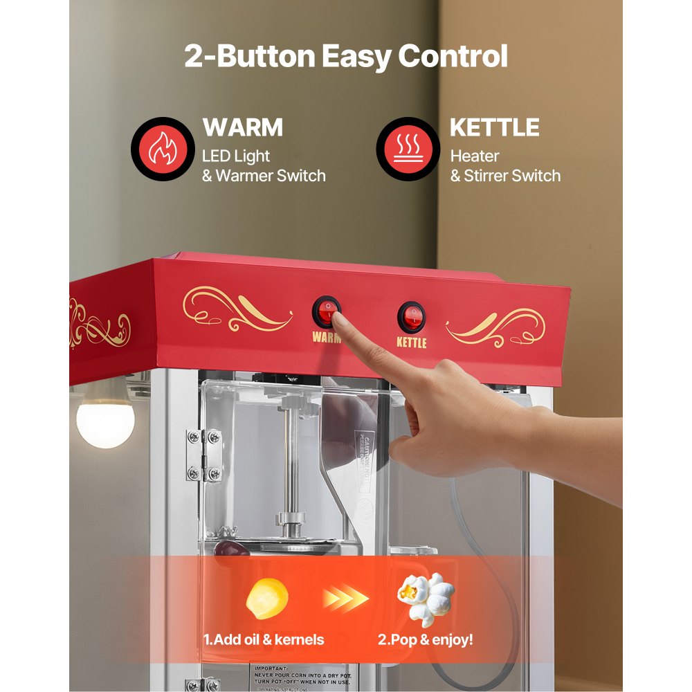 Popcornmachine Popcornmachine met waterkoker en kar, 800 W commerciële popcornmaker, 48 kopjes per lading, met 2-knopsbediening, glazen wand, pc-deur, 1 schep, 3 lepels, rood Popcornmachine Popcornmachine met waterkoker en kar, 800 W commerciële popcornmaker, 48 kopjes per lading, met 2-knopsbediening, glazen wand, pc-deur, 1 schep, 3 lepels, rood