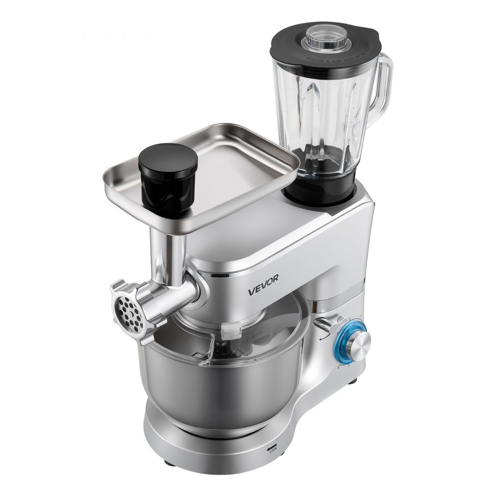 Multifunctional electric food processor 1500 W with stainless steel bowl (6 l) and mixing cup (1.5 l), kneading machine, dough mixer with 6+P speeds, dough hook, whisk and beater
