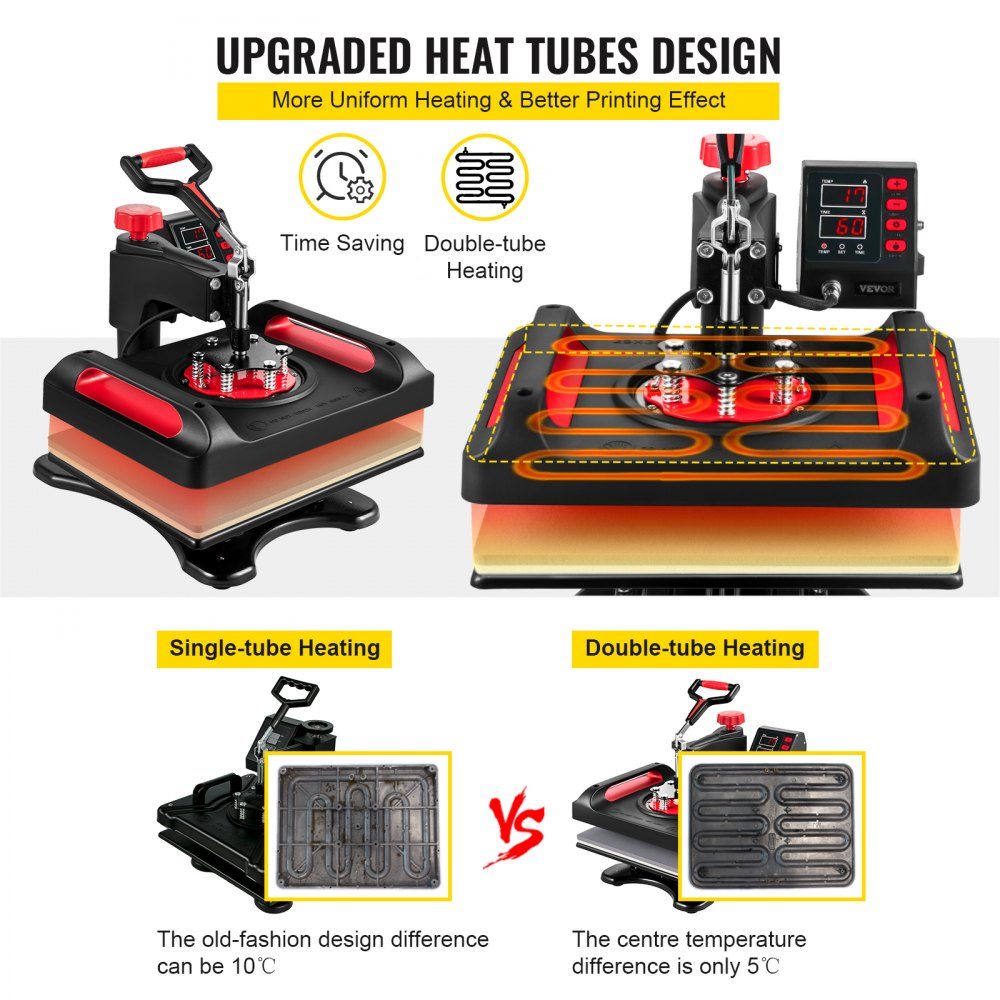 5 in 1 Heat Press 29x38cm T-Shirt Printing Machine 1000W Heat Press Textile Press Red Heat Press 360 Degree Swivel with Digital LED Temperature and Time Control
