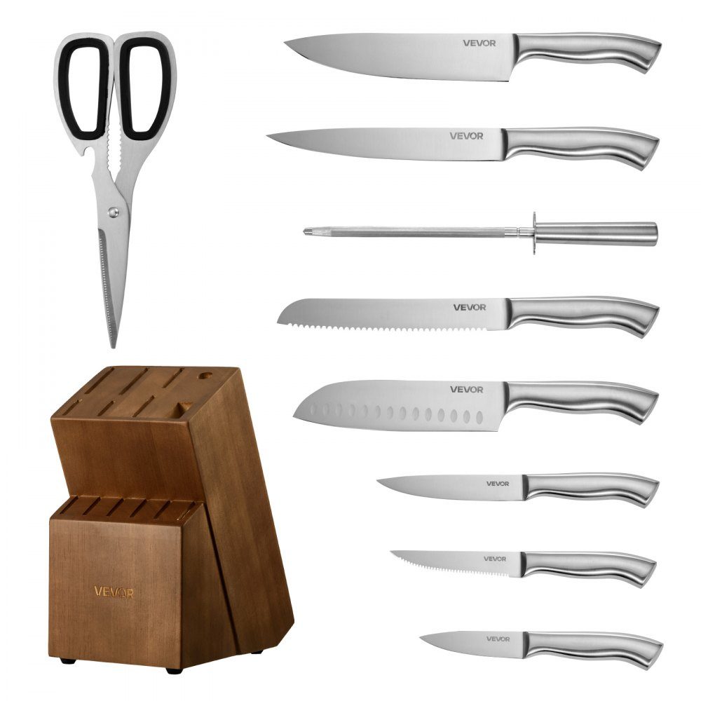 Kitchen knife set with knife block (wood) & sharpening steel, 15 pieces. Knife set of sharp knives made of high carbon stainless steel, kitchen cutlery with ergonomic handle, for home cooks
