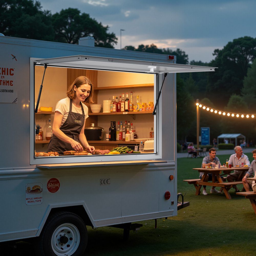 Snack window (1880 x 1016 mm), service window with aluminum frame for snack trailers, serving window with 85° opening angle for food trucks, rainwater-resistant drinks window