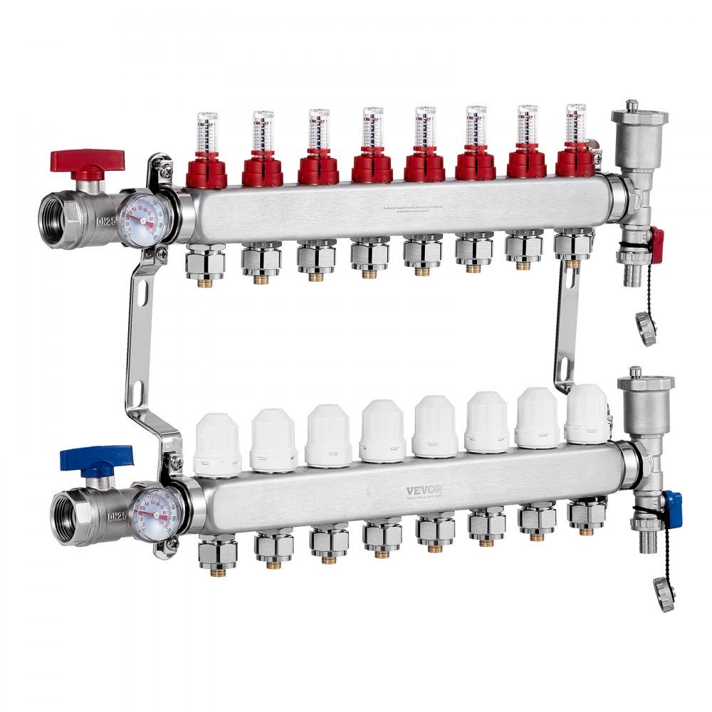 Wärmeverteiler mit 8 Zweigen, 1/2-Zoll-PEX-Rohrverteiler, PEX-Verteiler aus Edelstahl für hydronische Fußbodenheizung, Wärmeverteilungs-PEX-Verteiler-Kit mit 1/2-Zoll-Adaptern im Lieferumfang enthalten