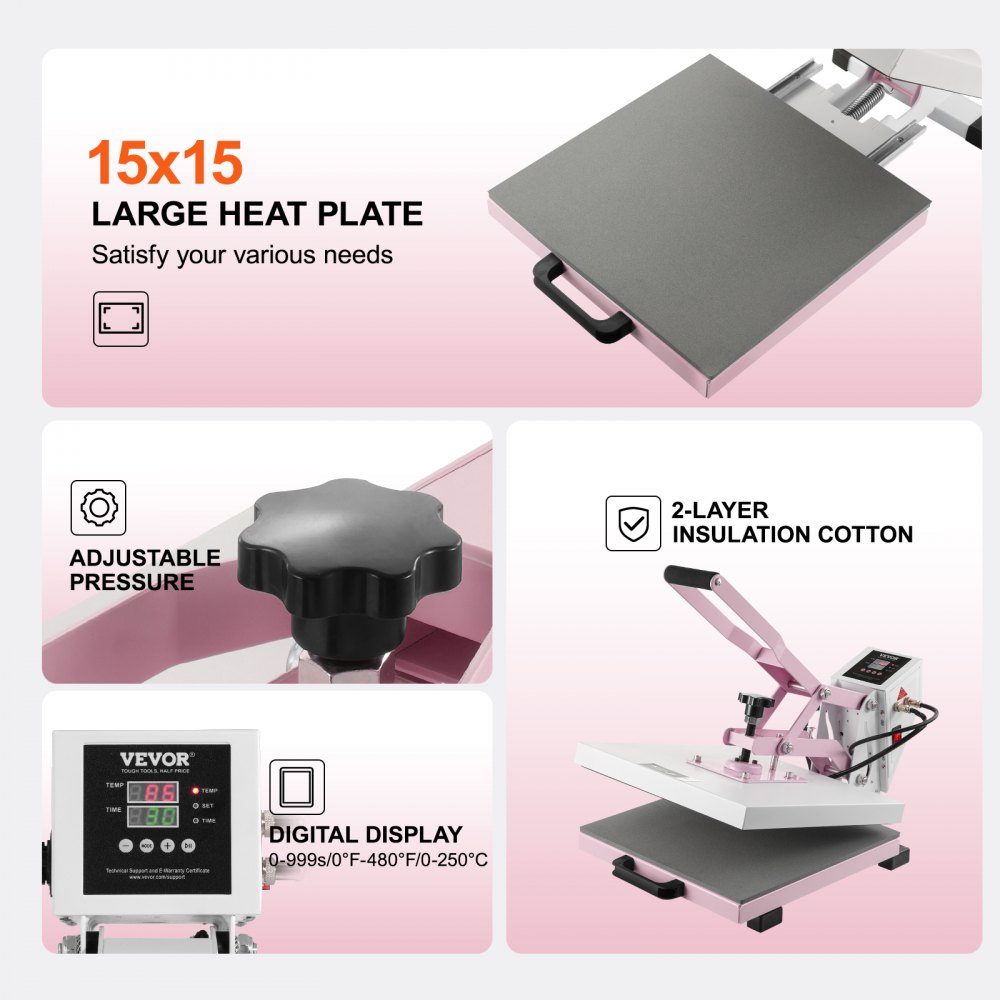 Warmtepers, 15x15 inch digitale warmtepers, uittrekbare warmteoverdrachtmachine, snelle en gelijkmatige verwarming, 2-laags isolatiekatoenen warmteoverdrachtmachine voor T-shirts/kussens/tassen, roze