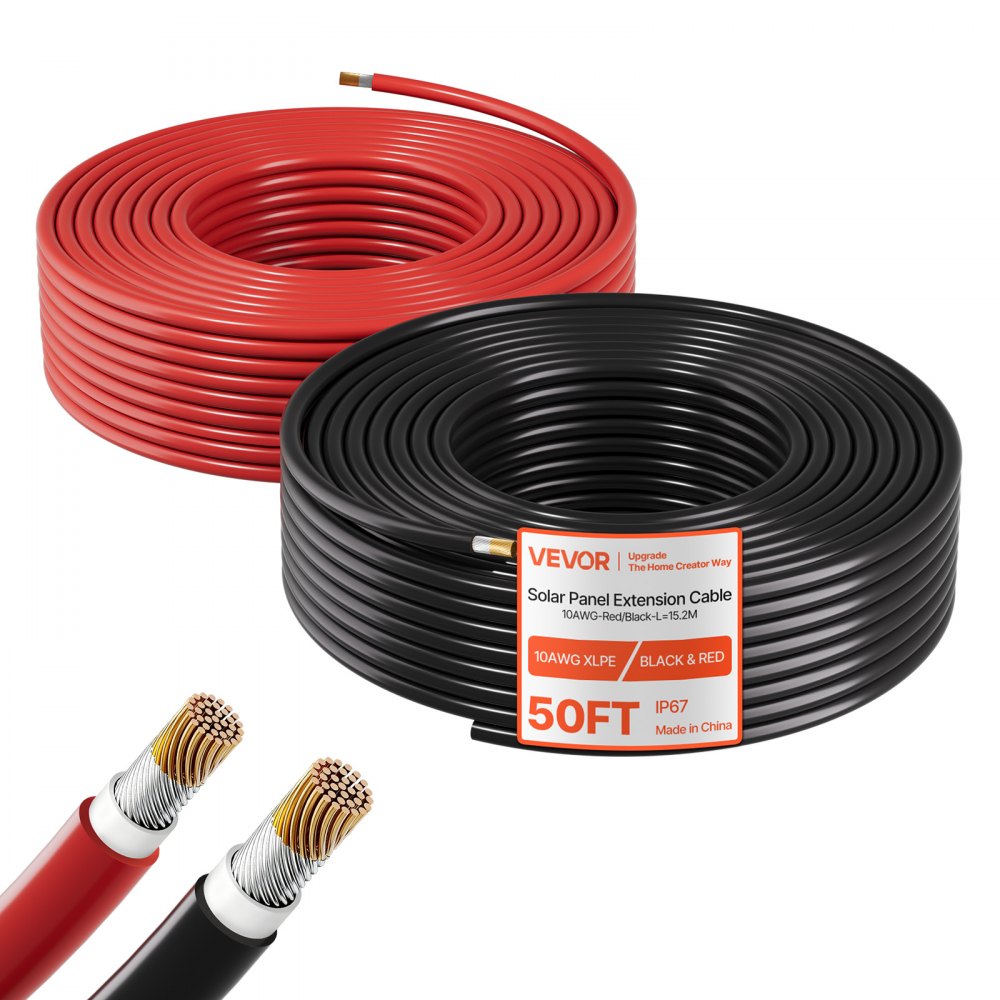 Solar cable extension, 15.2 m black & 15.2 m red, 10 AWG solar extension cable, tinned copper cable for off-grid photovoltaic systems on homes, vehicles, RVs, boats, IP67 Solar cable extension, 15.2 m black & 15.2 m red, 10 AWG solar extension cable, tinned copper cable for off-grid photovoltaic systems on homes, vehicles, RVs, boats, IP67