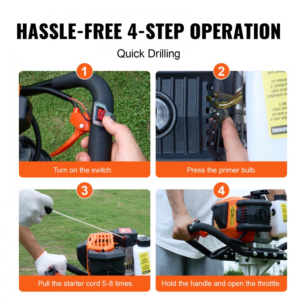 Erdbohrer mit Benzinmotor, 52 CC, 1450 W, Benzinbohrer mit 8-Zoll-Bits und 1 Verlängerungsstange, Pfostenzaunlochbohrer für Ackerland-Gartenpflanzen, Orange + Schwarz