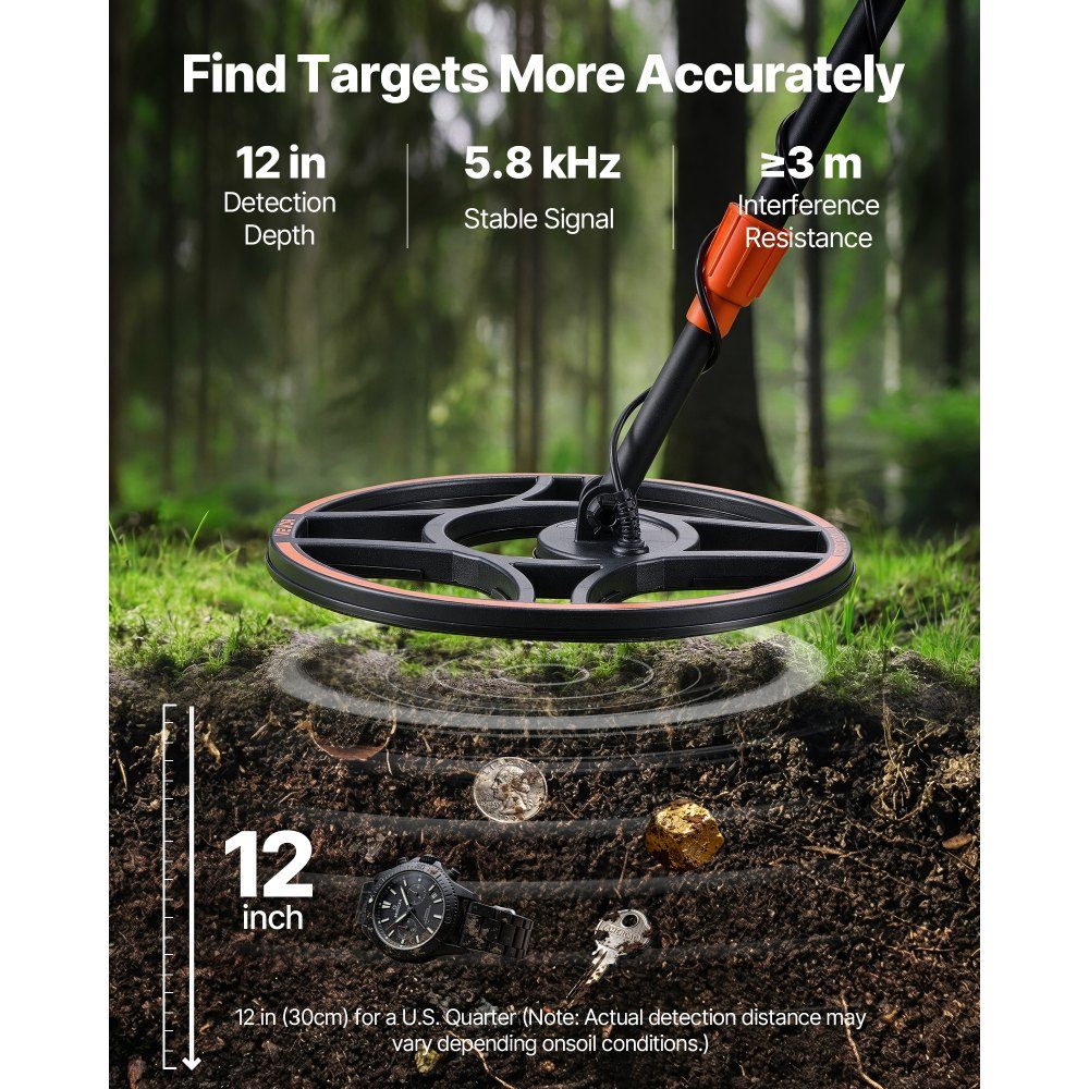 Adult Metal Detector 304.8mm Professional Metal Detector with 6 Modes Gold Detector IP68 Waterproof Search Coil with Display Headphone Adjustable Length for Gold Treasure Hunting