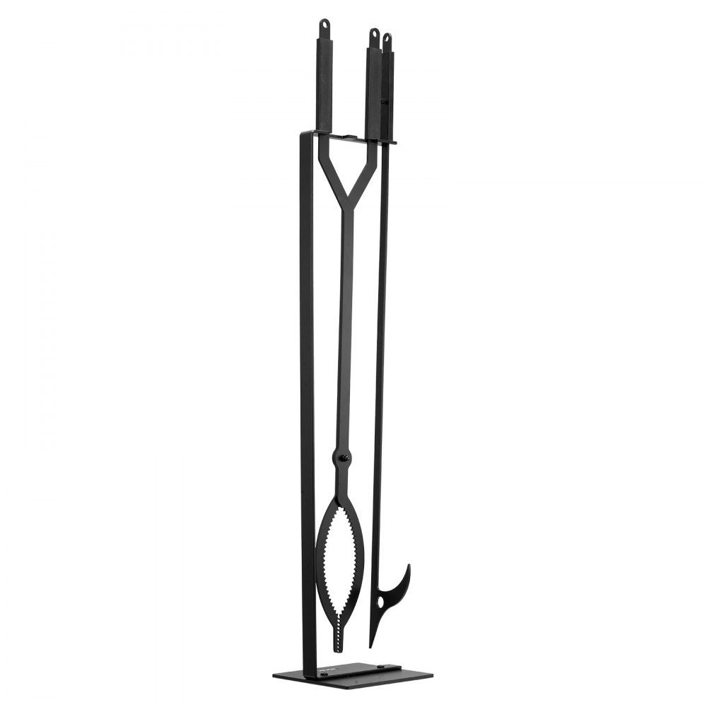 Kaminbesteck-Set, 3-teiliges Ofenbesteck-Set inklusive Ständer, Zange, Schürhaken, Kamin-Set, schmiedeeisernes Kaminzubehör für Lagerfeuer im Garten, drinnen und draußen, Schwarz