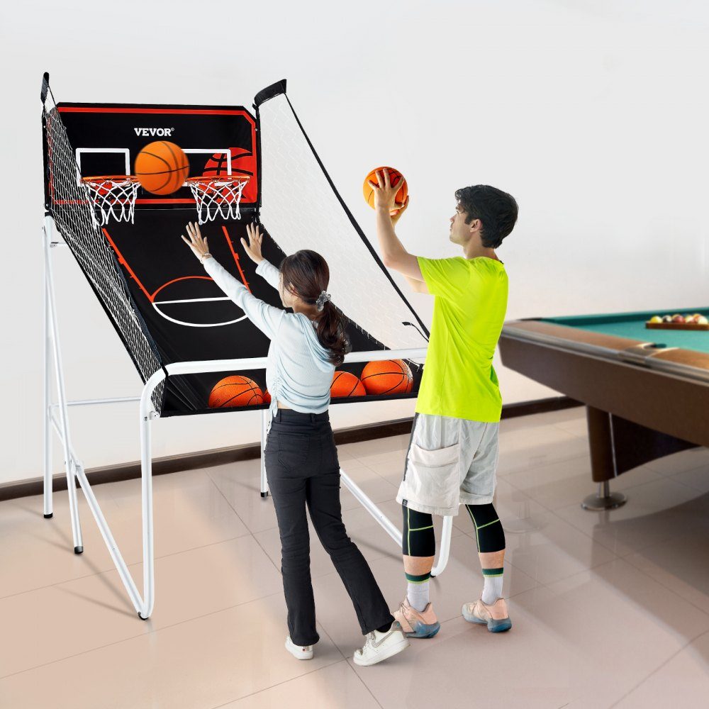 Jeu de basket-ball en salle de 2,05 m pour 2 joueurs, machine de basket-ball, support de ballon de basket-ball avec 4 balles, 8 modes de jeu et 2 cerceaux de basket-ball, tableau de bord et pompe de gonflage, pour enfants et adultes